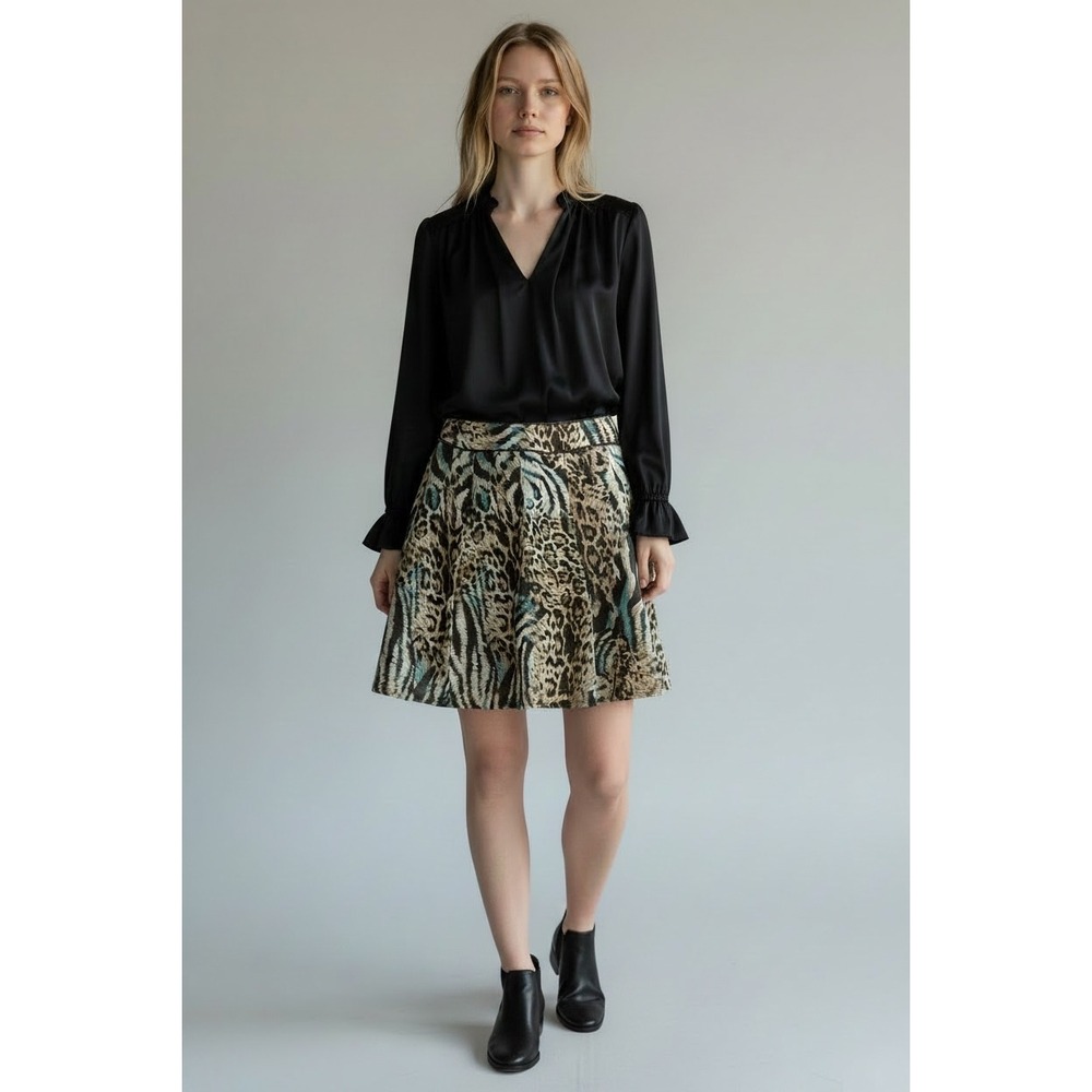 Tribal Animal Print Pleated A-Line Skirt Leopard Zebra Teal Brown Size 10